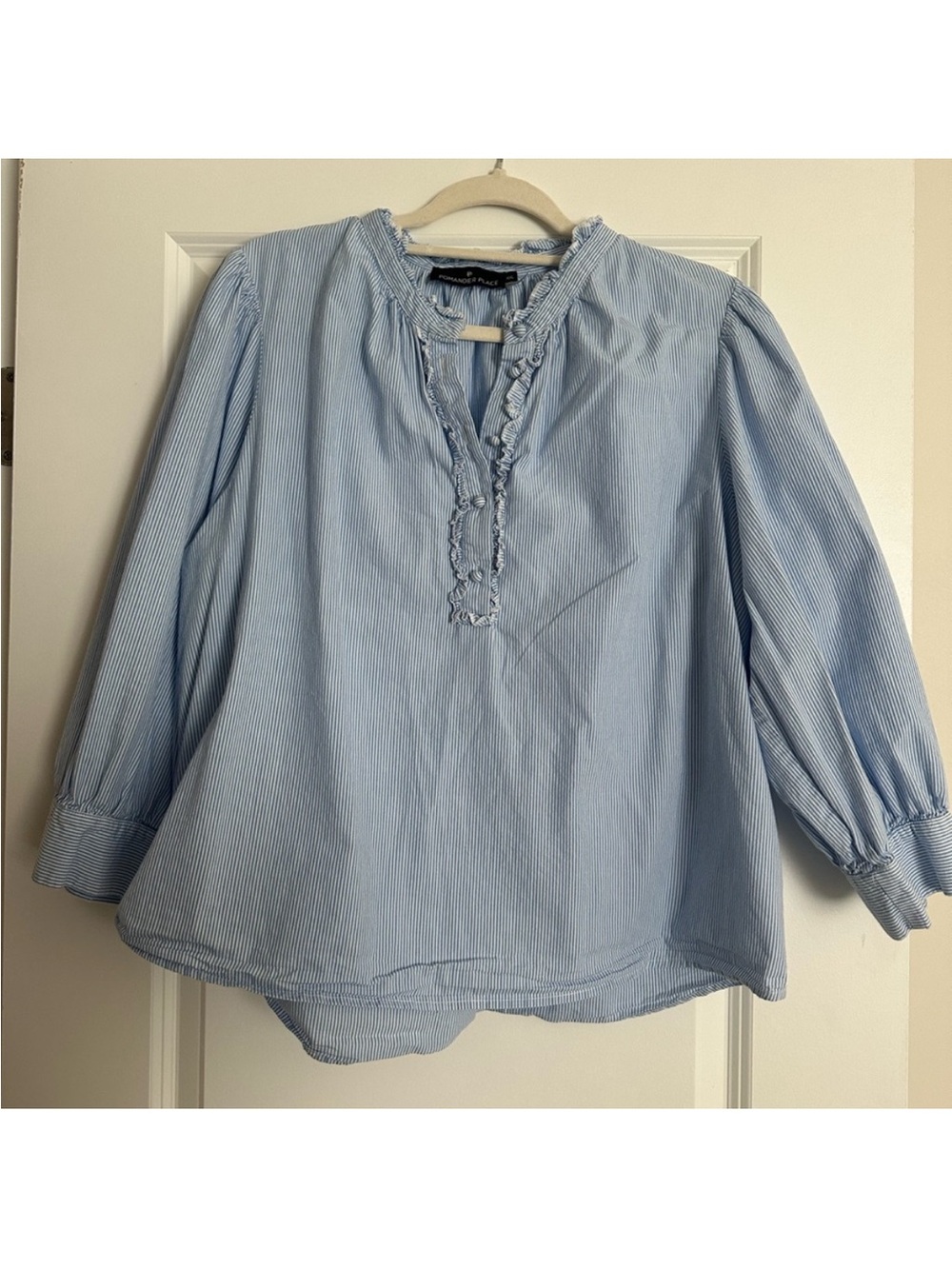 Pomander Place Light Blue Ruffle Neck Blouse - Women Tops